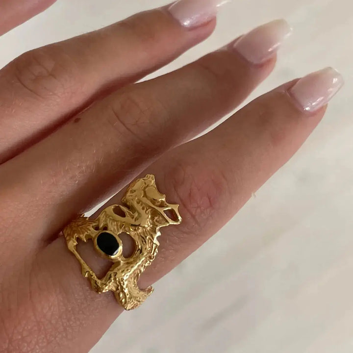 Fingerring drage i forgyldt sterlingsølv med turkis og onyx 