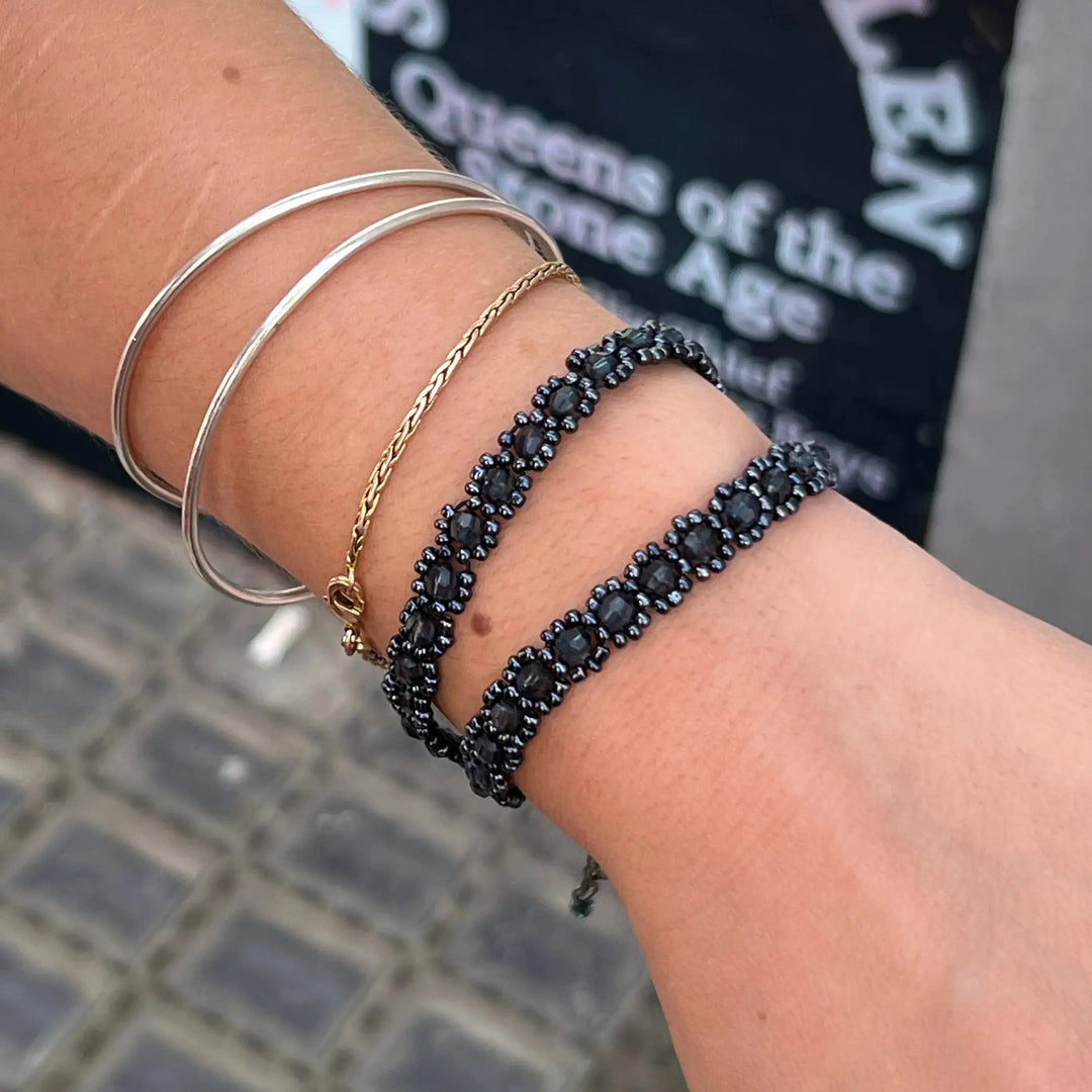 Halskæde, choker m. blonde og glasperler, simii, oxideret messing 