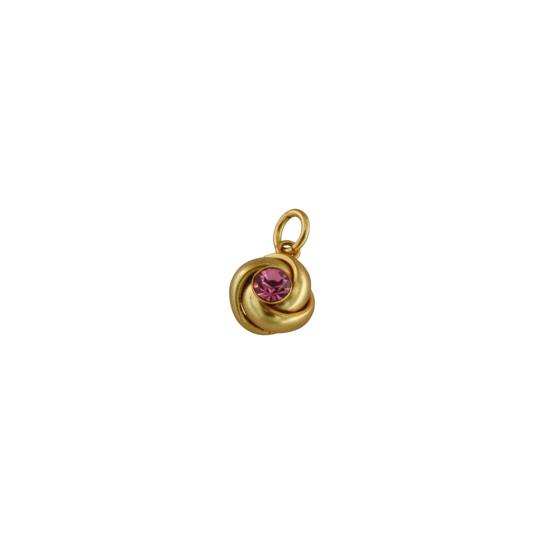 Vedhæng, knude m. lyserød sten, forgyldt messing, 16x12 mm. BOC