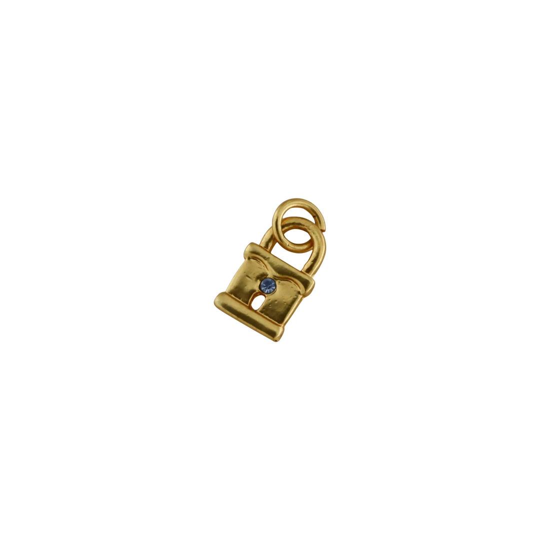 Vedhæng, hængelås m. blå sten, forgyldt messing, 16x11 mm. BOC