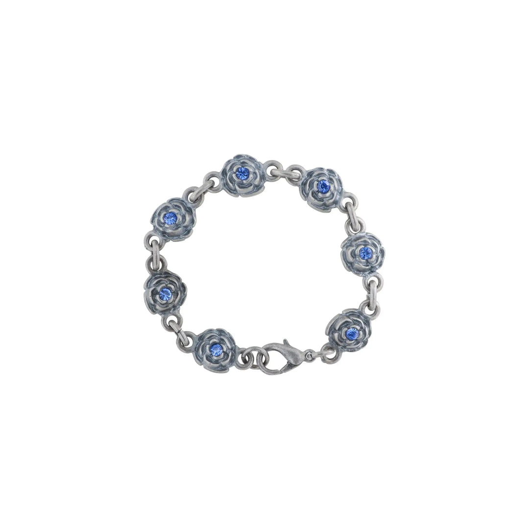 Armbånd med blomster-led og sten i forsølvet messing 17-19,5cm 