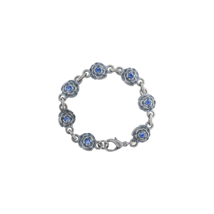Armbånd med blomster-led og sten i forsølvet messing 17-19,5cm 