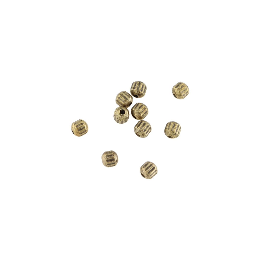 Metalperler, rund rillet, forgyldt messing, 4x4 mm. 10-100 stk BOC