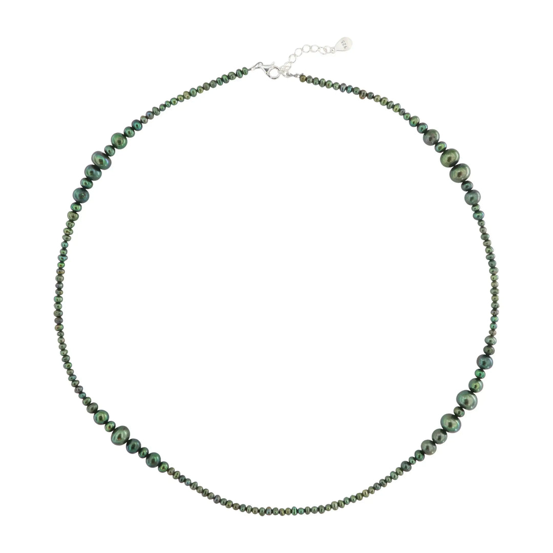 Halskæde, grønne ferskvandsperler, sterlingsølv, 40-50cm 
