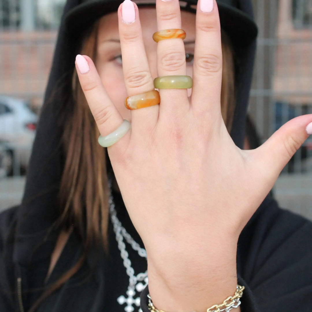 Fingerring, ædelsten, jade, mix - 4 stk 