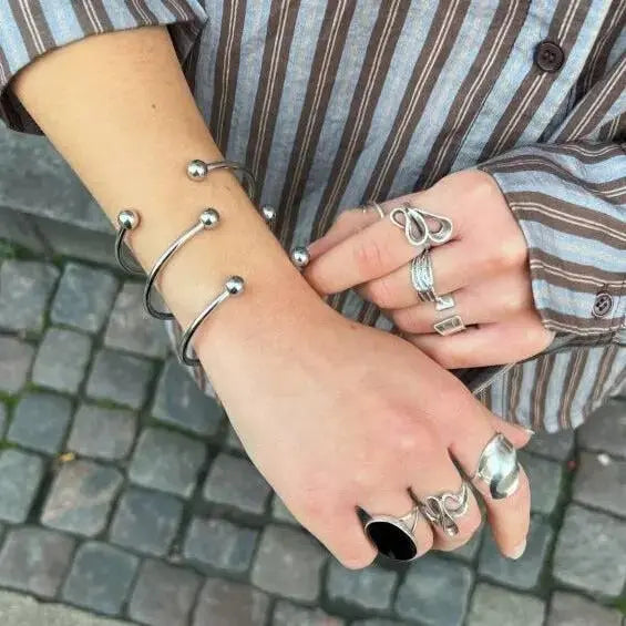 Armbånd, åben armring, forsølvet og forgyldt rustfri stål, 18 cm, justerbar 