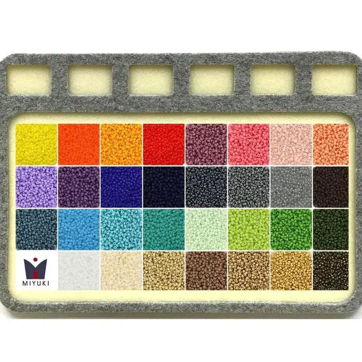 Miyuki sæt, kit med seed bead perler 11/0, perlemåtte og guides, 31 farver 