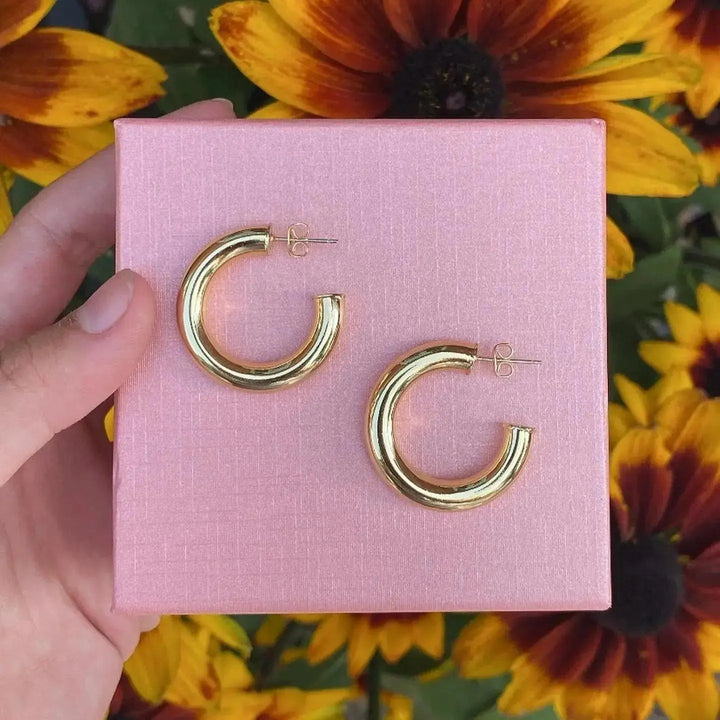 Øreringe, chunky hoops, 30x 6mm i forgyldt og forsølvet messing 