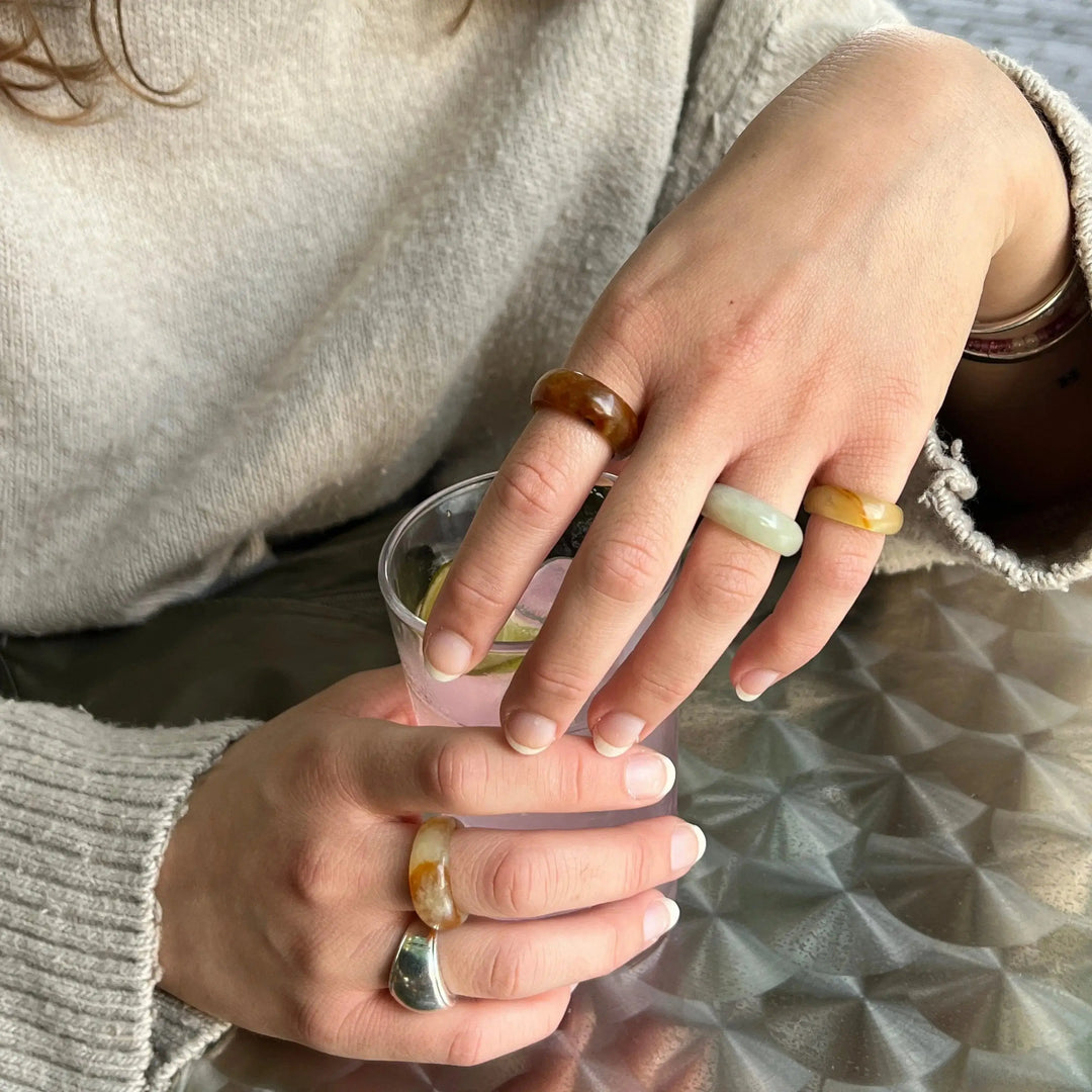 Fingerring, ædelsten, jade, mix - 4 stk 