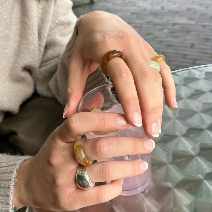 Fingerring, ædelsten, jade, mix - 4 stk 
