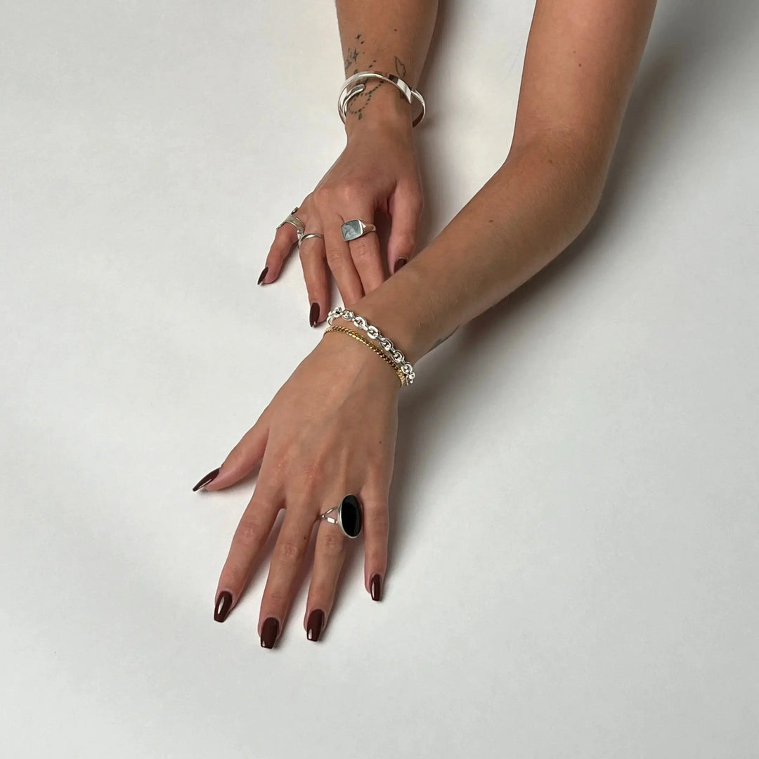 Fingerring, stor oval i ben, onyx eller turkis, sterlingsølv unisex 
