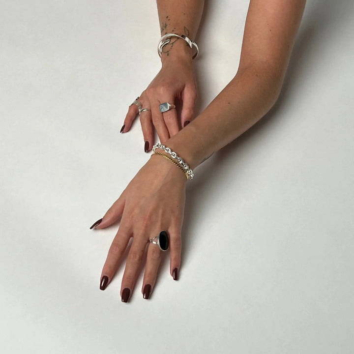 Fingerring, stor oval i ben, onyx eller turkis, sterlingsølv unisex 
