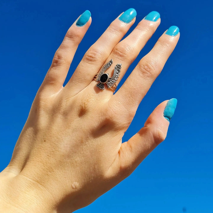 Fingerring, ørn med onyx og turkis, sterlingsølv 