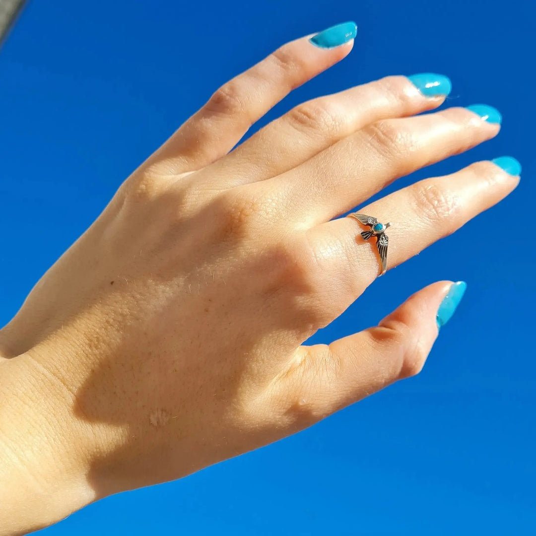Fingerring, lille ørn med turkis, sterlingsølv 