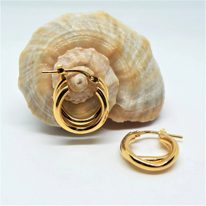Øreringe, chunky dobbelte hoops, forgyldt sterlingsølv, 15-21mm 