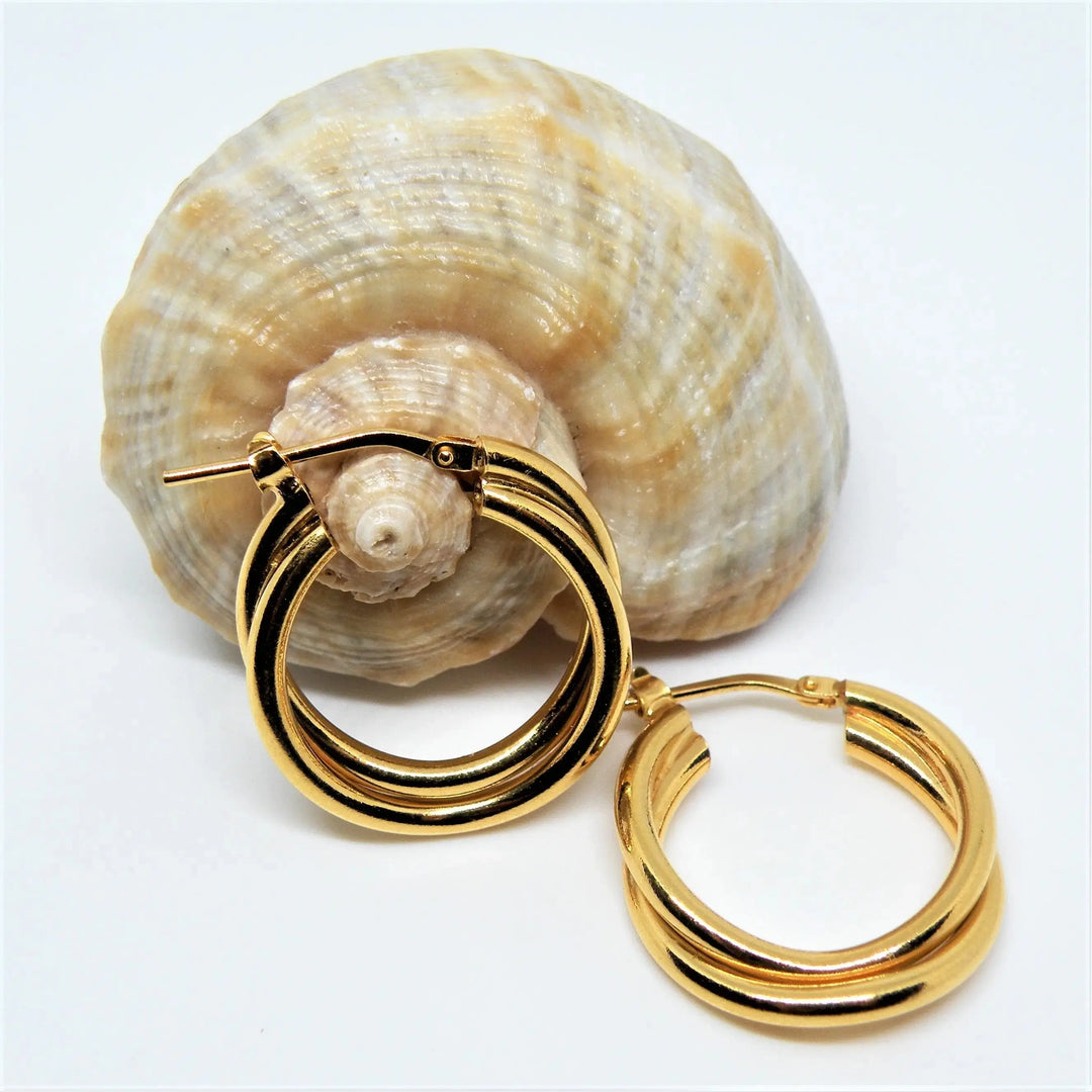 Øreringe, chunky dobbelte hoops, forgyldt sterlingsølv, 15-21mm 