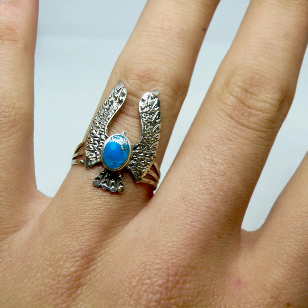 Fingerring, ørn med onyx og turkis, sterlingsølv 