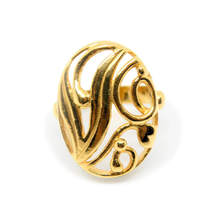 Fingerring, chunky oval med bladmotiv, forgyldt sterlingsølv 