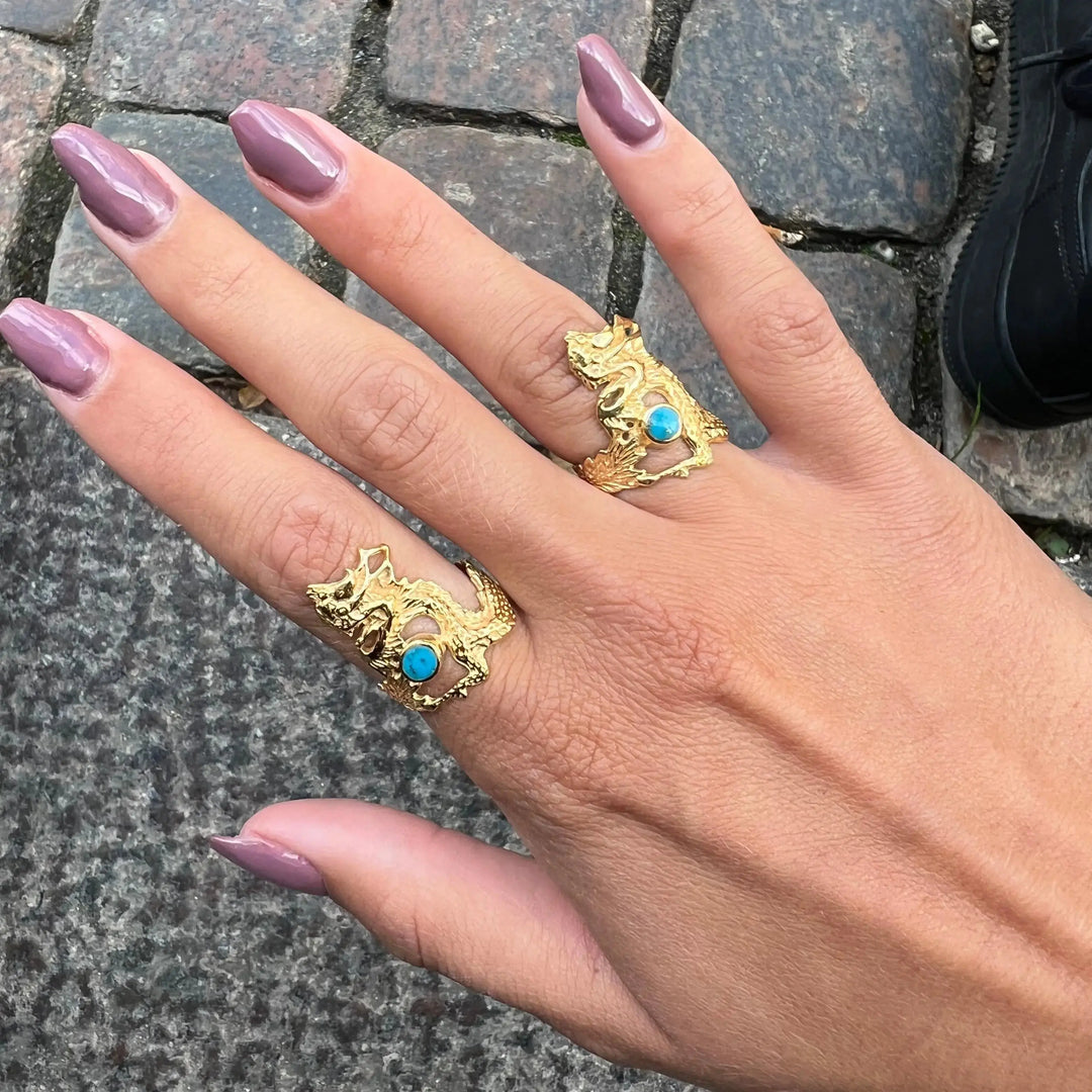 Fingerring drage i forgyldt sterlingsølv med turkis og onyx 