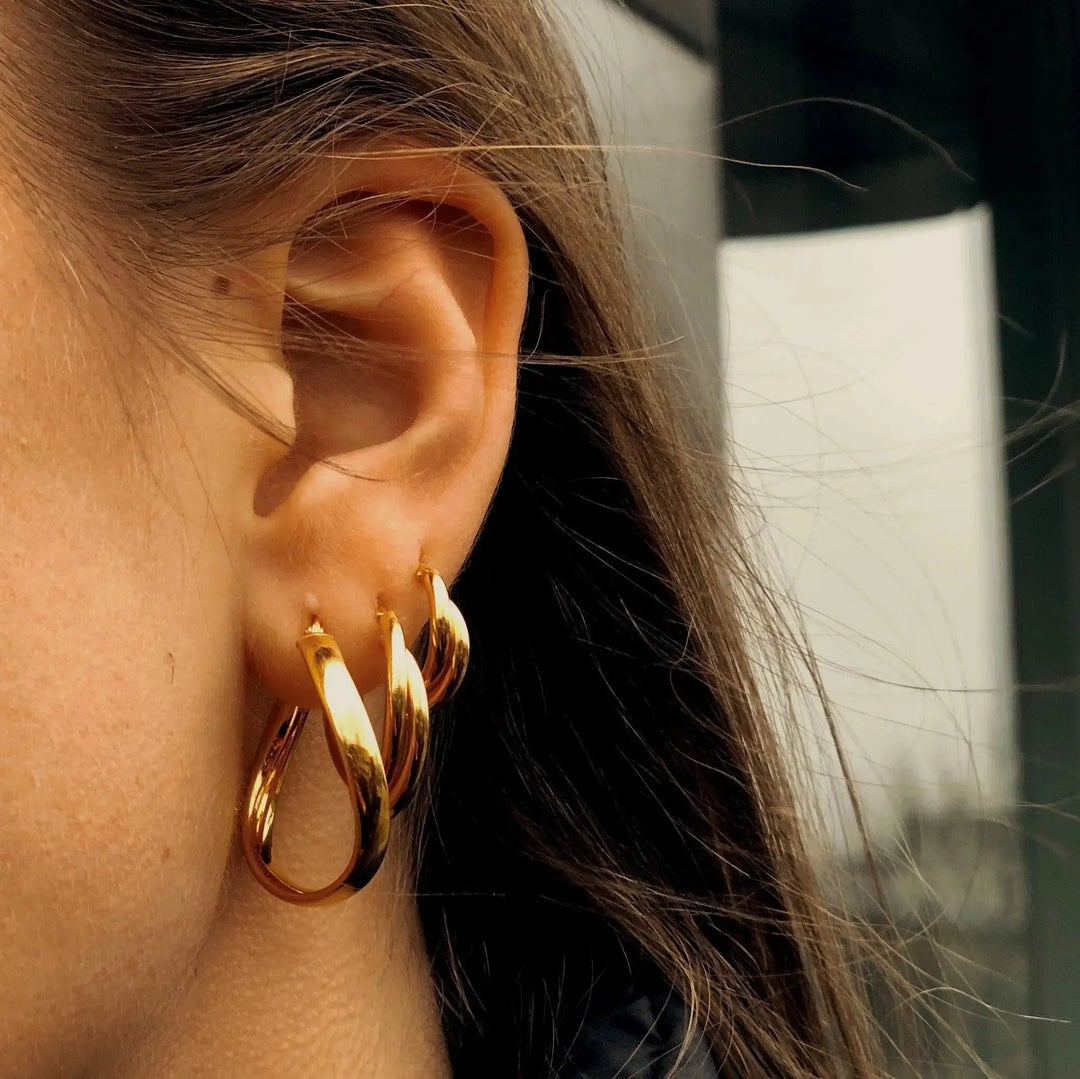 Øreringe, chunky dobbelte hoops, forgyldt sterlingsølv, 15-21mm 