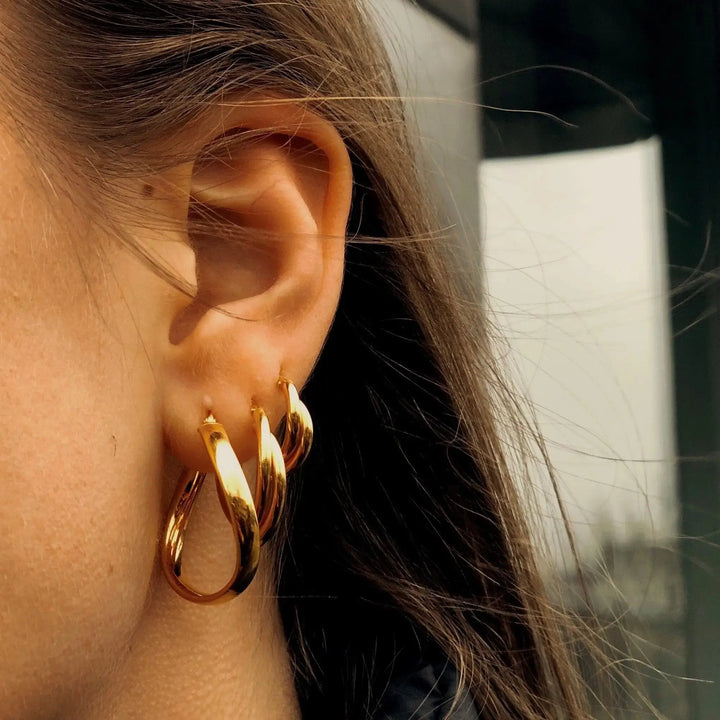 Øreringe, chunky dobbelte hoops, forgyldt sterlingsølv, 15-21mm 