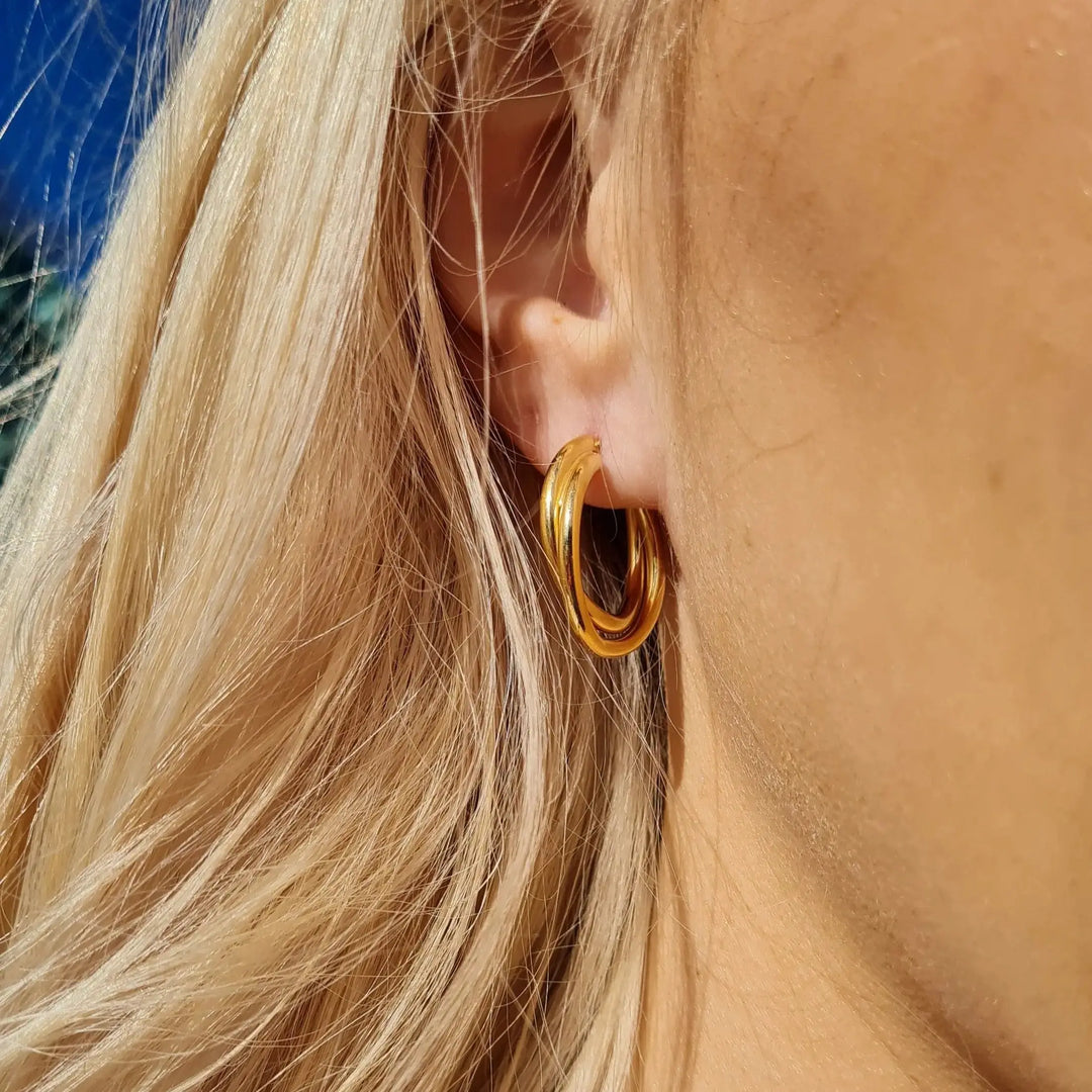 Øreringe, chunky dobbelte hoops, forgyldt sterlingsølv, 15-21mm 